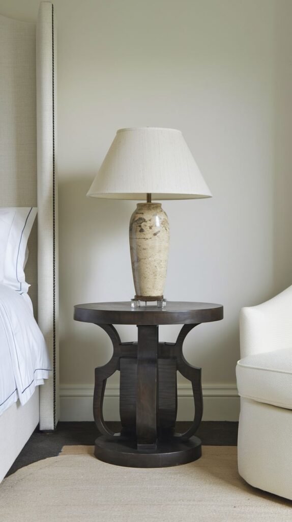 An ornate dark wood round side table with a distinctive pedestal base featuring cutouts, holding a tall, light-colored lamp, next to a bed and a white armchair.