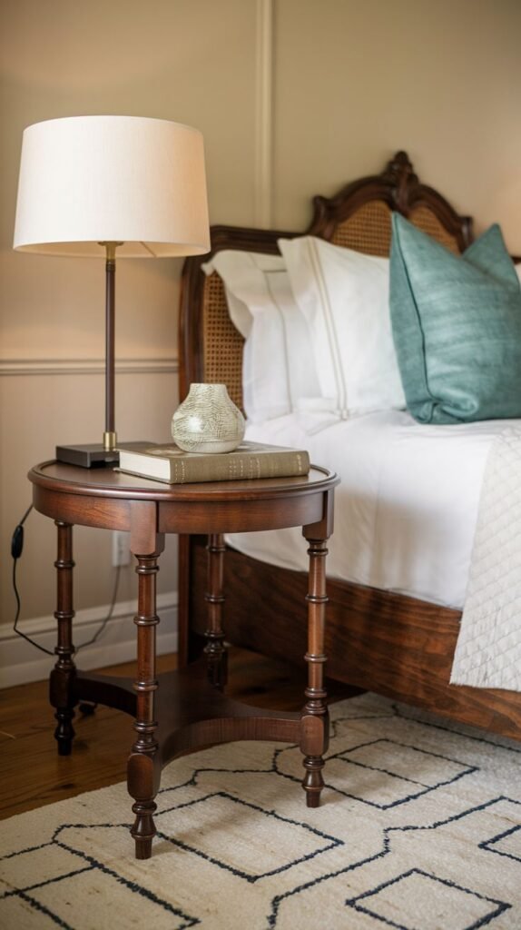 A classic dark wood round table with a round top, turned spindle legs, and a matching lower round shelf, displaying a lamp and decorative items next to a bed with a rattan headboard.