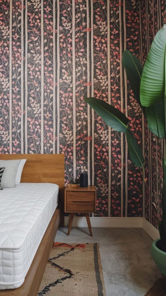 A bedroom wall adorned with dark vertical stripes interspersed with delicate pink and red floral or leaf motifs. A wooden bed frame and a wooden nightstand are visible, along with a tall green plant.