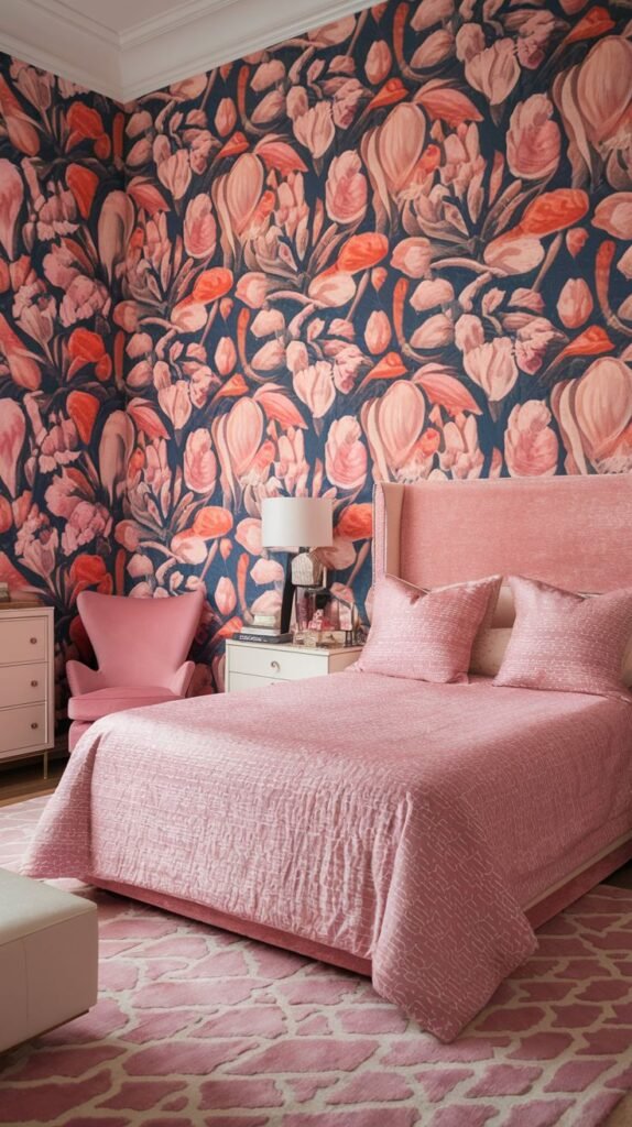 A bedroom wall with a vibrant and dense autumnal floral pattern in shades of pink, orange, and red on a dark blue background. The room is furnished with a pink upholstered bed, matching bedding, and a pink armchair.