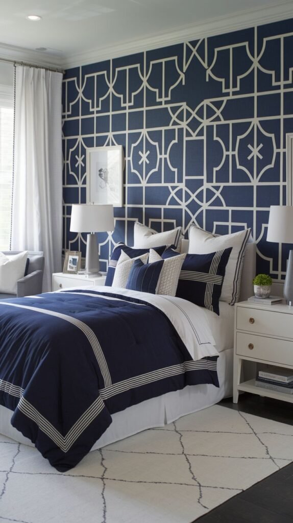 A deep navy blue bedroom accent wall with an intricate white geometric lattice pattern. The bed is made with navy blue and white striped bedding, flanked by two white nightstands.