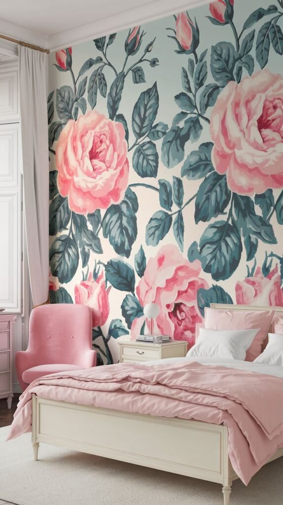 A romantic bedroom wall adorned with a large-scale pattern of detailed pink roses and deep green leaves on a light blue background. A white bed with pink bedding and a pink armchair are also in the room.
