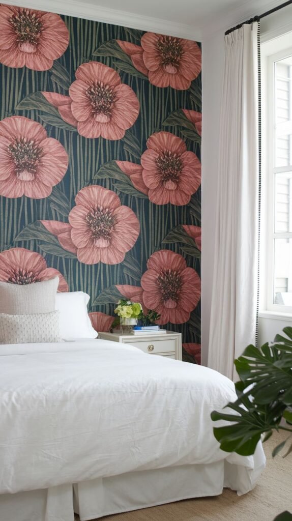 A bedroom wall featuring a vibrant pattern of bold, stylized red flowers with dark centers and green leaves, set against a dark green subtly striped background. A white bed and a white nightstand are also present.