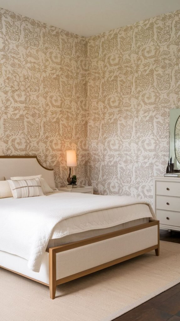 A bedroom with light beige wallpaper featuring an understated damask or intricate repeating pattern in soft gold and cream tones. The room has a bed with a light wood frame, white bedding, and a white dresser.