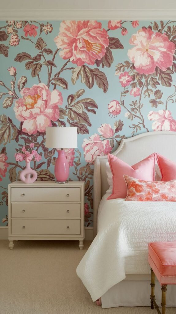 An inviting bedroom wall decorated with a pattern of lush, oversized pink peonies and green leaves on a refreshing aqua blue background. The room includes a white bed with pink accents, a white dresser, and a pink lamp.
