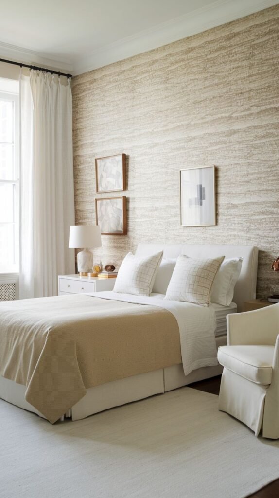 A cozy bedroom with a natural, horizontally textured wallpaper in earthy beige and cream tones. The room features a white bed with beige bedding, two white nightstands, and framed artwork on the wall.