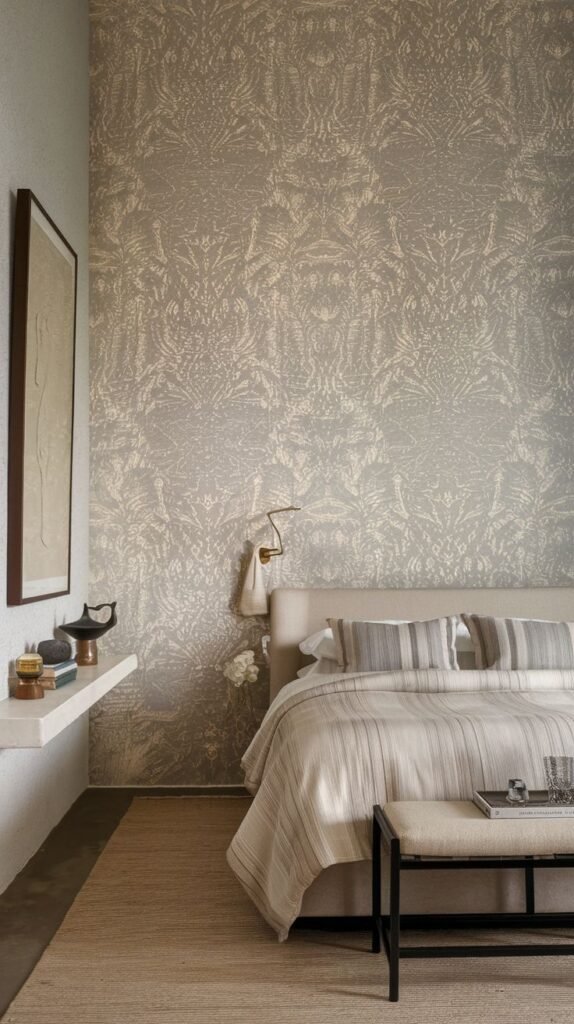 A neutral bedroom wall covered in a subtle, intricately textured wallpaper in warm gold and light beige tones. A bed with a beige headboard, striped bedding, and a small white floating shelf with decor are present.
