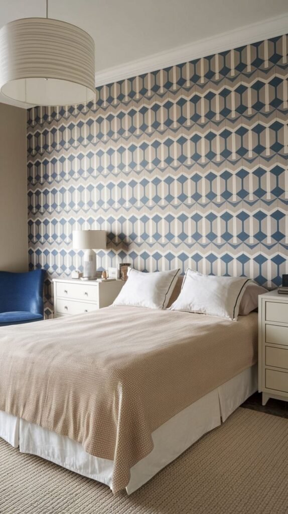 A bedroom accent wall with a playful yet sophisticated 3D-effect geometric pattern featuring hexagons and cubes in blue, beige, and white. A bed with beige bedding and a white dresser are in the foreground.