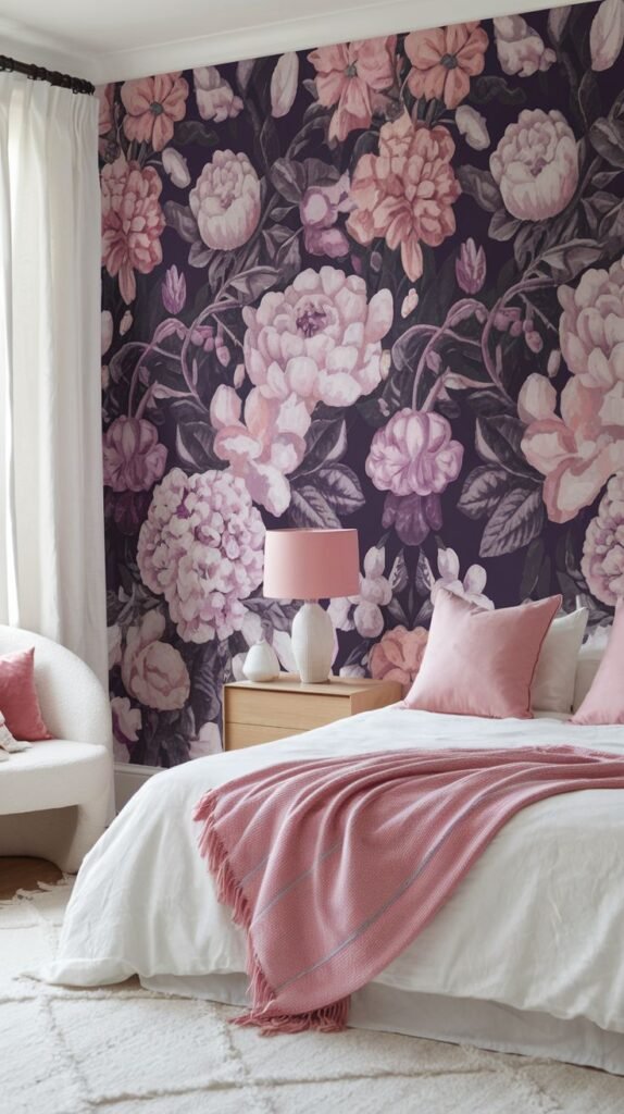 A dramatic bedroom wall covered in a rich, dark purple background adorned with large, luxurious pink and lighter purple floral patterns. The room contains a white bed with pink bedding and a pink lamp.