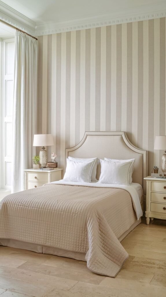 A bright bedroom with classic vertical stripes in warm beige and cream tones on the wall. The room includes a beige upholstered bed with white bedding, and two white nightstands with lamps.