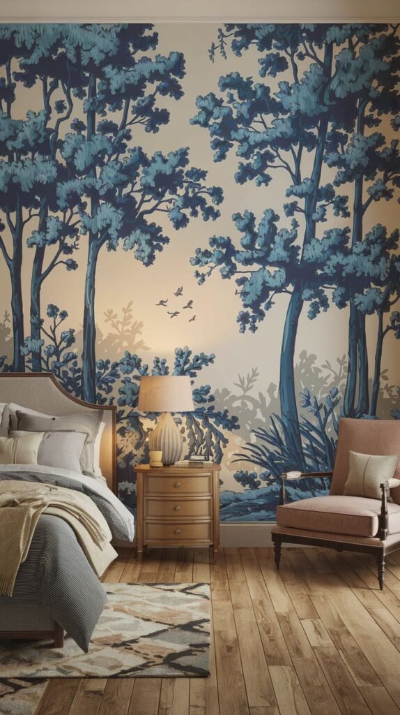 A bedroom wall transformed by a whimsical mural depicting a blue forest scene with stylized trees and flying birds on a light beige background. A bed with neutral bedding and a wooden nightstand are in the room.