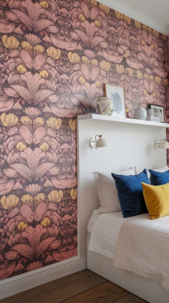 A bedroom wall covered in a vibrant repeating botanical pattern in striking pink and yellow on a darker, possibly pink-brown, base. A white headboard and bed with blue and yellow pillows are visible.