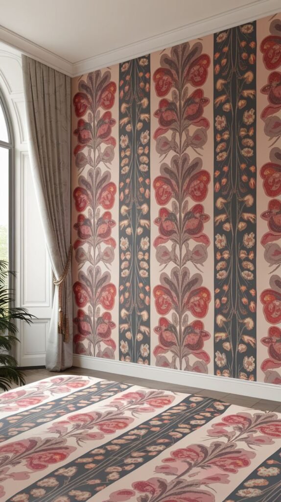 A striking bedroom wall with bold vertical stripes, alternating between red floral motifs and dark grey/blue patterns on a light beige background. A large arch-top window is also visible.