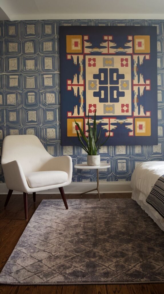 A bedroom wall featuring an abstract blue textured pattern, with a large, colorful geometric artwork hanging centrally. A white armchair and a small side table with a plant are in the room.