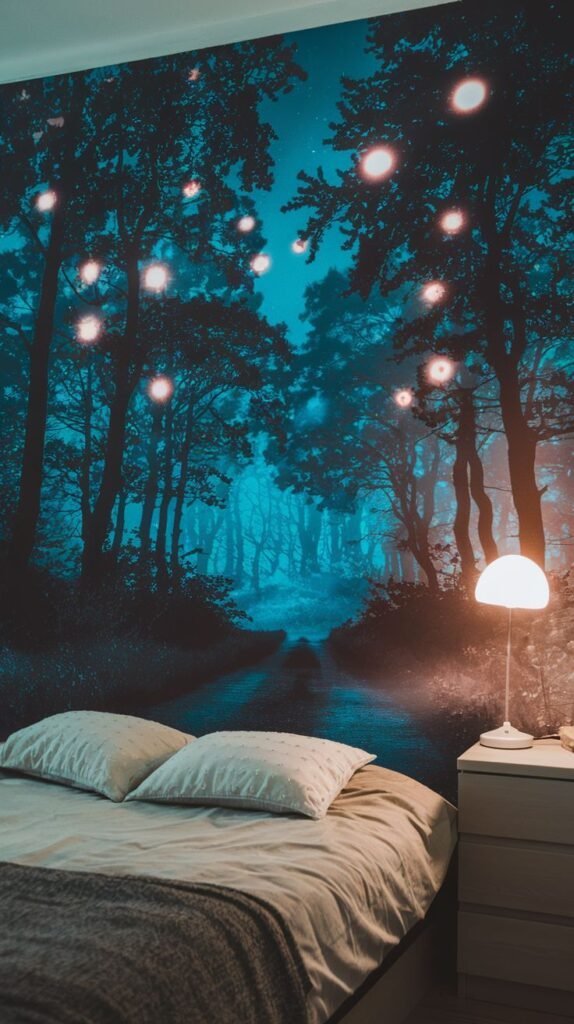 A mystical bedroom wall mural depicting an enchanted forest at night, with deep teal-blue tones and glowing lights hanging among the trees. A bed with light-colored bedding and a nightstand with a lamp are in the foreground.