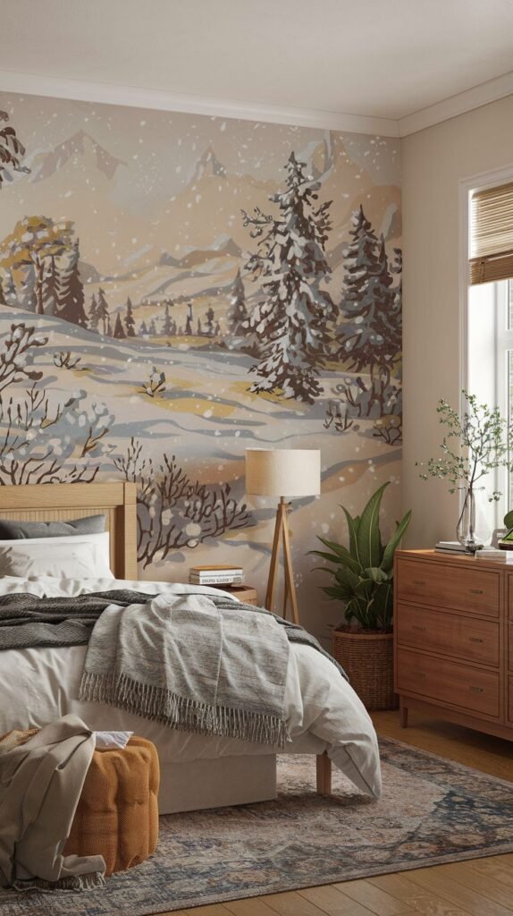 A cozy bedroom with a scenic mural depicting a snow-covered winter landscape with mountains, evergreen trees, and bare branches in soft, muted earth tones. A wooden bed and a wooden dresser are in the room.