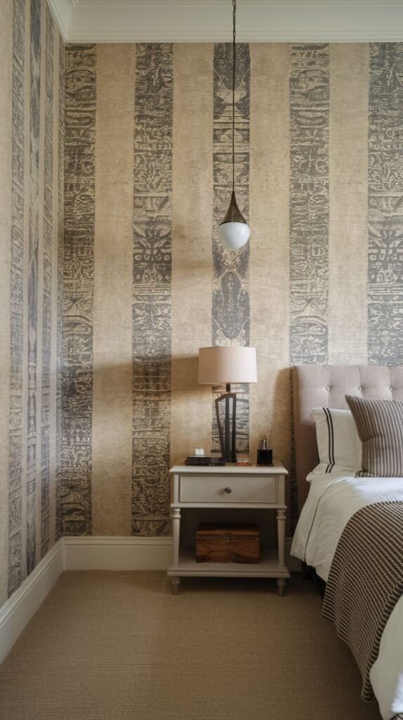A bedroom with wallpaper featuring broad vertical stripes of beige and blue-grey, each stripe containing ornate, rustic patterns. The image shows a bed with a beige headboard, a grey nightstand, and a lamp.