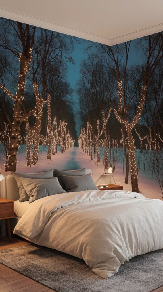 A bedroom wall featuring a festive winter forest lane mural, with bare trees illuminated by illuminated string lights along a snowy path. A bed with white bedding and two wooden nightstands are visible.
