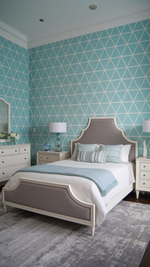 A bedroom featuring a light blue and white geometric triangle pattern wallpaper. The room includes a bed with a grey headboard, white and blue bedding, a white dresser, and two white nightstands with lamps.