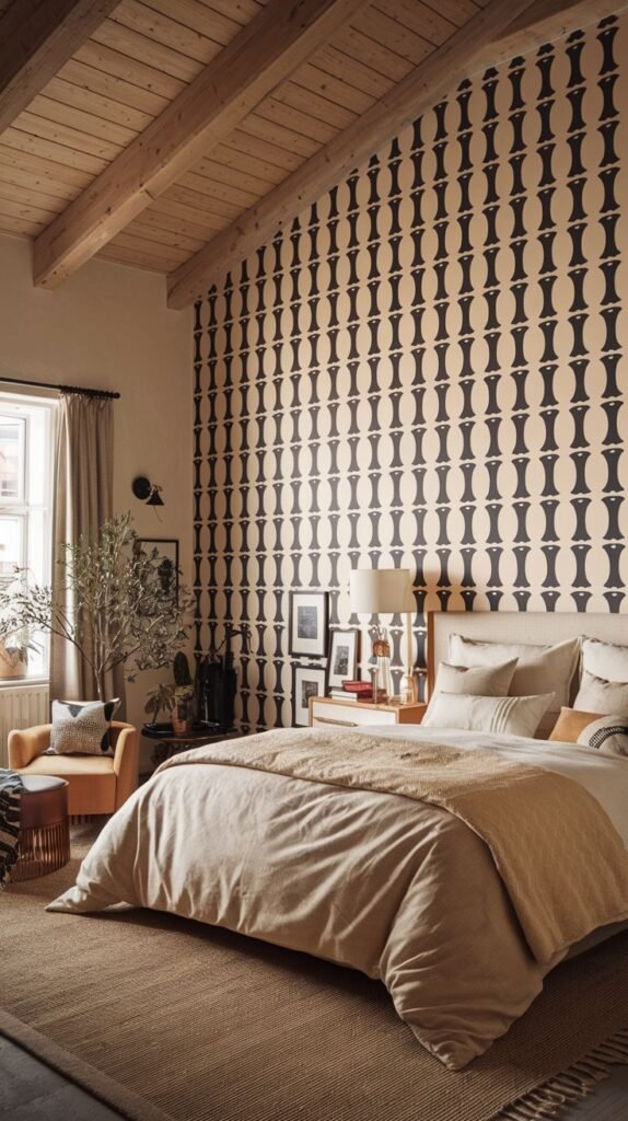 A bedroom wall with a bold repeating geometric pattern in black against a light beige background. The room has a wooden ceiling with exposed beams, a bed with beige bedding, and a mustard yellow armchair.