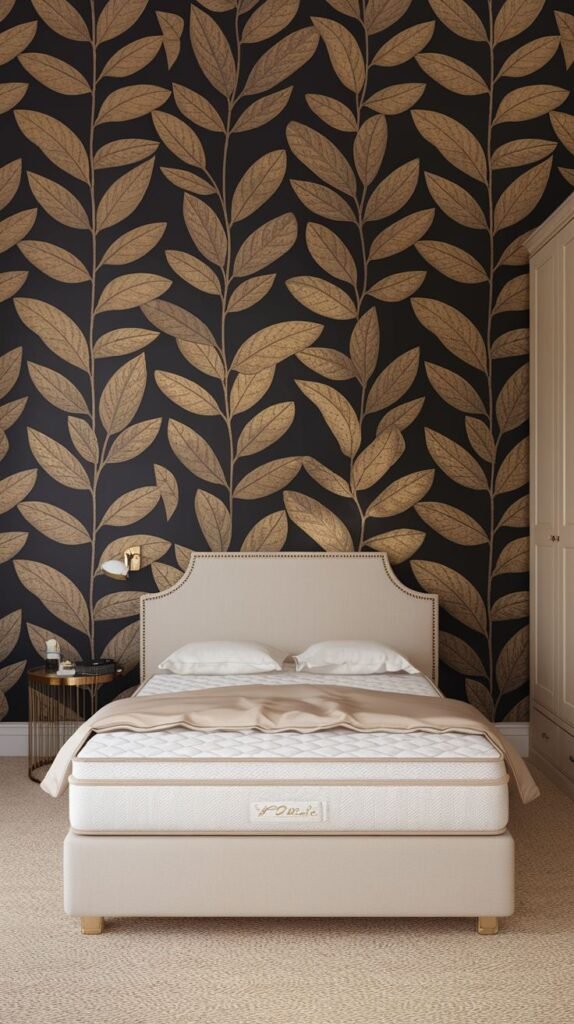 A dramatic bedroom wall covered in a large-scale gold leaf pattern on a dark, possibly black, background. A beige upholstered bed and a small, round bedside table with a lamp are visible.
