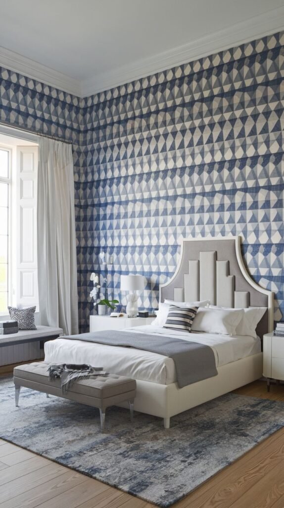 A bedroom wall with a vibrant repeating geometric pattern of deep blue and white triangles. The room contains a bed with a multi-layered headboard, white and grey bedding, white nightstands, and a bench at the foot of the bed.