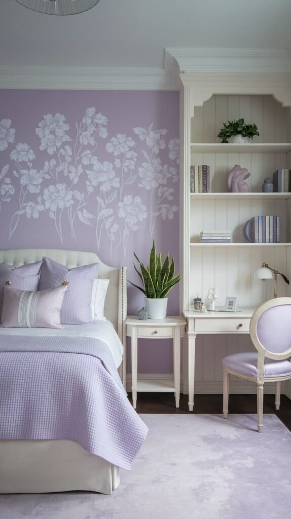 A soft lavender bedroom wall featuring large, delicate white floral silhouettes as if stenciled. The room includes a white upholstered bed, a white nightstand with a plant, and a white built-in bookshelf with a desk.