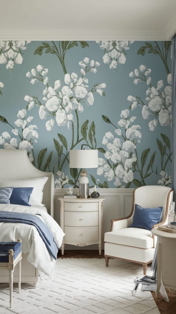 A bedroom wall decorated with a pattern of large white floral blooms and green foliage set against a soothing powder blue background. The room features a white bed, a white dresser-style nightstand, and a white armchair.