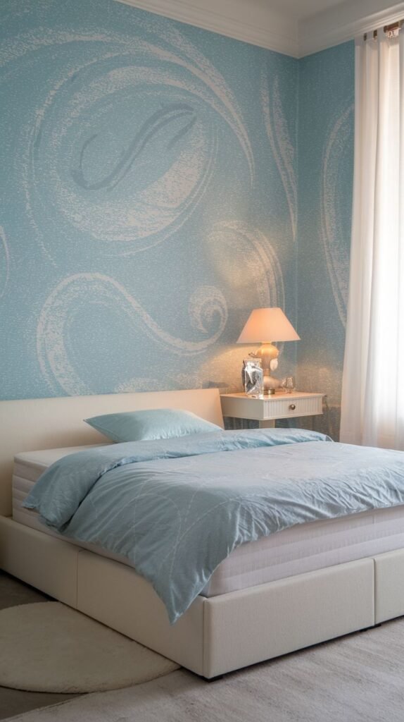 A light aqua bedroom wall showcasing large, whispering white swirls and subtle textured patterns. The image includes a white upholstered bed with light blue bedding, and a white floating nightstand with a lamp.