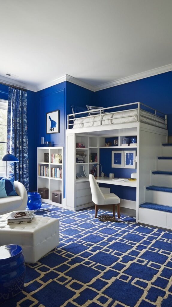 This cozy bedroom showcases blue walls with a large, multi-functional white loft bed unit that includes a built-in desk and shelving. A striking blue and white geometric rug covers the floor, and a white ottoman adds to the inviting, cozy feel.