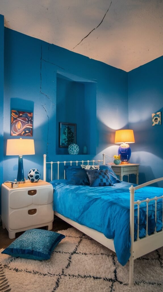 A uniquely textured and cozy bedroom with blue walls showing visible cracks and an exposed ceiling. It features a white metal bed frame with blue bedding and a white textured rug with blue patterns. Orange-toned lamps provide a warm, cozy glow.