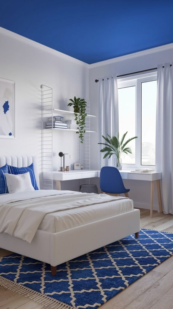 A modern and cozy bedroom designed with white walls and a striking, bright blue ceiling. The room is furnished with a white bed, a white desk accompanied by a blue chair, and a blue and white patterned rug, creating a calm and inviting cozy space.