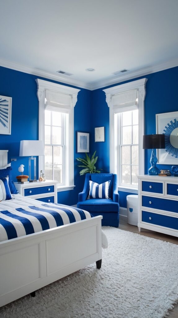 This cozy bedroom features blue walls and two large windows adorned with white shades and elaborate white molding. The room includes a white bed with blue and white striped bedding, white dressers with blue accents, and a blue upholstered armchair, creating a classic and cozy look.