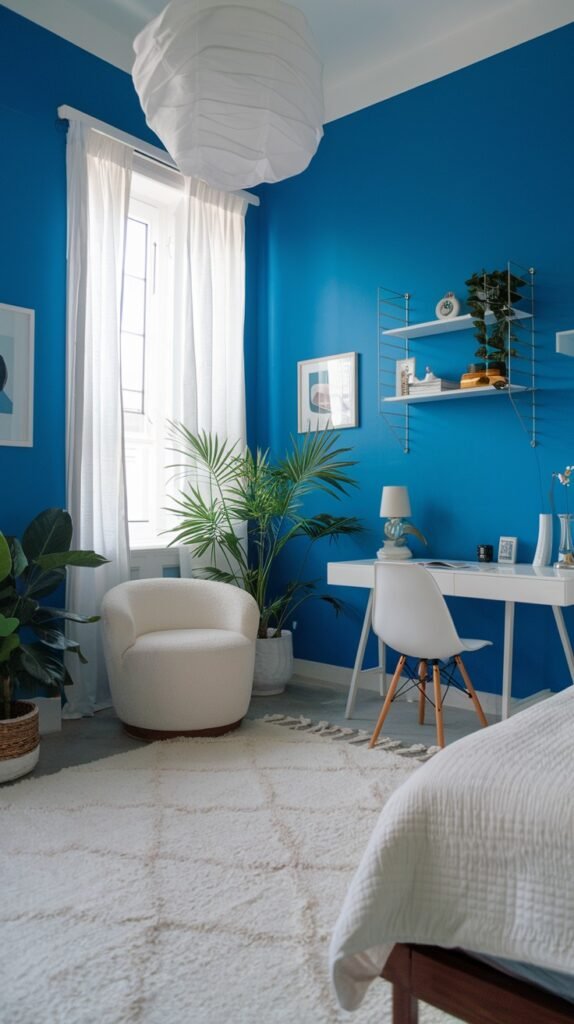 A bright and cozy bedroom featuring blue walls, a large window with white curtains, and a sculptural white paper lantern. The room includes a white desk and chair, a white armchair, and multiple green plants, contributing to a fresh and cozy environment.