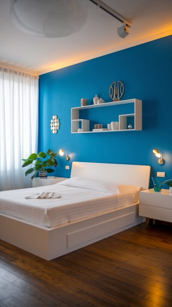 A modern and cozy bedroom with blue walls, a white platform bed, and white floating shelves above the bed. The room is softly illuminated by wall sconces, and a large green plant adds a touch of nature, contributing to a calm and cozy setting.