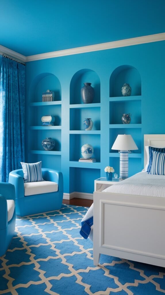 A brightly lit and cozy bedroom featuring light blue walls with three arched built-in shelves, each displaying various blue decorative items. The room has a white bed, two comfortable light blue armchairs, and a blue and white patterned rug, creating a harmonious and cozy aesthetic.