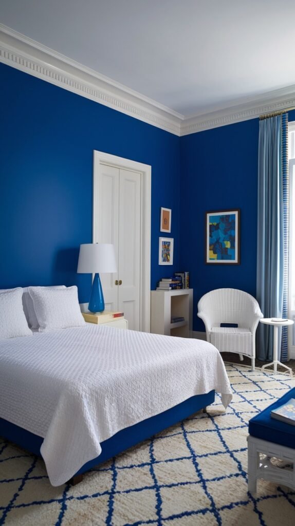 A cozy bedroom featuring blue walls, a white bed with a blue base, and a prominent blue and white geometric patterned rug. The room is furnished with a white armchair and a bedside table holding a blue lamp, contributing to a serene atmosphere.