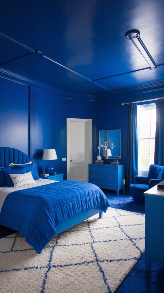 A very cozy bedroom where both the walls and ceiling are painted a rich blue hue. The space is furnished with a blue upholstered bed, a blue dresser, and a fluffy white rug with a large blue diamond pattern. A blue armchair and a bedside table with a white lamp complete this enveloping, cozy setting.