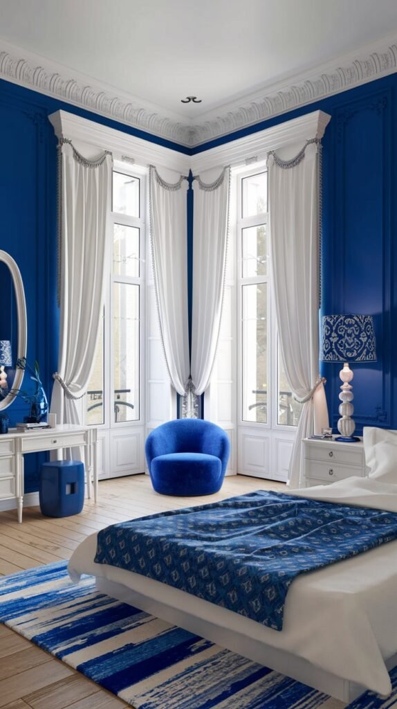 An elegant and cozy bedroom defined by its deep blue walls and ornate white crown molding. Large windows are dressed with long white curtains, and the white bed is adorned with a blue patterned throw. A round blue velvet armchair and a striped blue rug enhance the luxurious yet cozy feel.