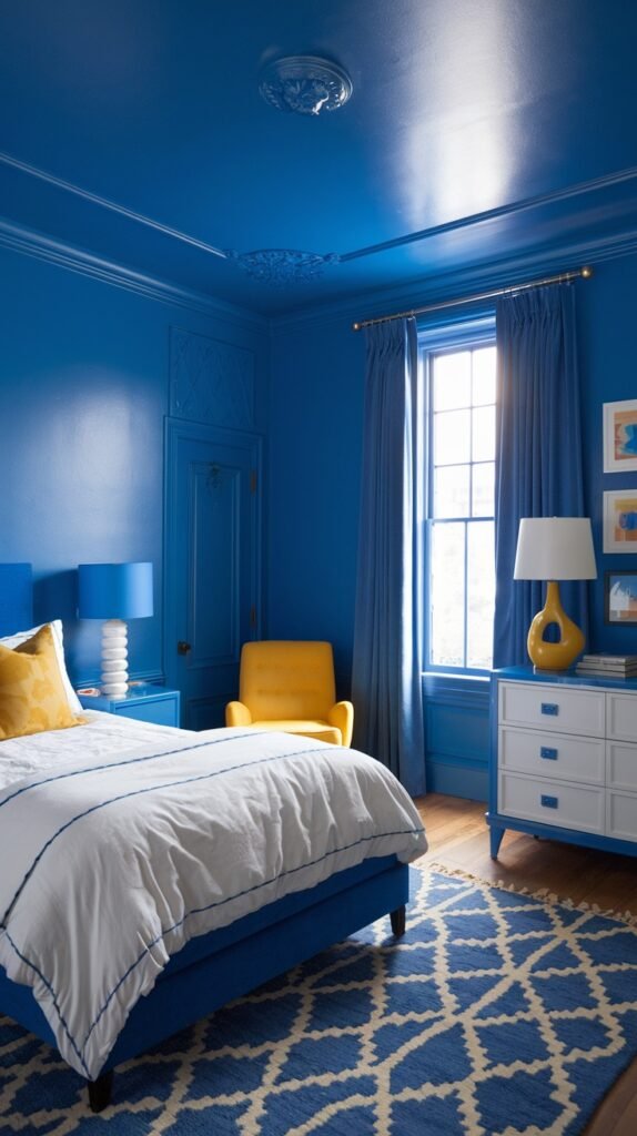 A cozy bedroom featuring both blue walls and a coordinating blue ceiling. The room includes a blue bed, a white dresser with blue drawer fronts, and a blue and white patterned rug. A vibrant yellow armchair and a yellow lamp introduce a cheerful contrast to the overall blue scheme, making it warm and cozy.