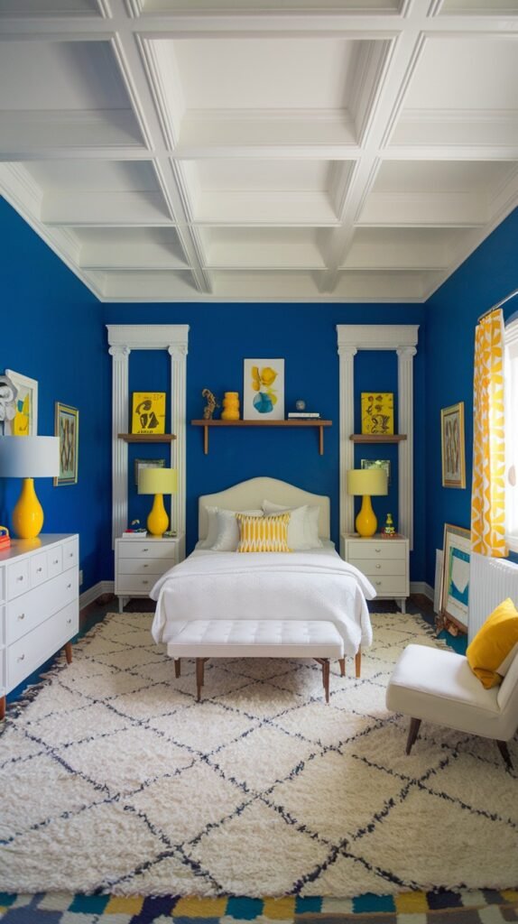 A visually interesting and cozy bedroom with vivid blue walls and a striking white coffered ceiling. The room's centerpiece is a white bed with matching white nightstands and dresser. Yellow lamps and artwork add bright accents, while a large white and blue geometric rug grounds the space, contributing to its cozy appeal.