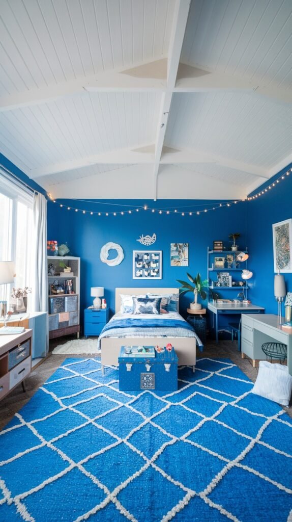 An eclectic and cozy bedroom featuring deep blue walls and a white sloped ceiling with exposed beams. The room contains a white bed, a large blue and white patterned rug, and string lights across the wall, creating a playful and invitingly cozy atmosphere.