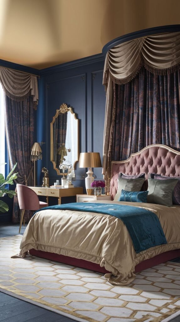 A cozy and glam bedroom boasting rich navy walls and a striking gold ceiling. A tufted pink headboard complements the luxurious gold bedding and teal throw. Elaborate gold-toned drapes frame a window, and a gold-framed mirror and vanity add to the opulent, yet cozy feel.