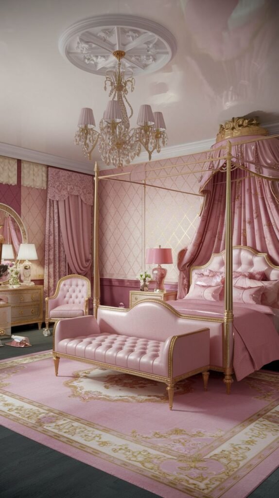 A highly ornate and glam bedroom saturated in pink and gold. A grand gold four-poster canopy bed with pink drapes is the centerpiece. Intricate detailing is visible on the ceiling medallion, furniture, and a large patterned rug, creating a lavish and cozy atmosphere.