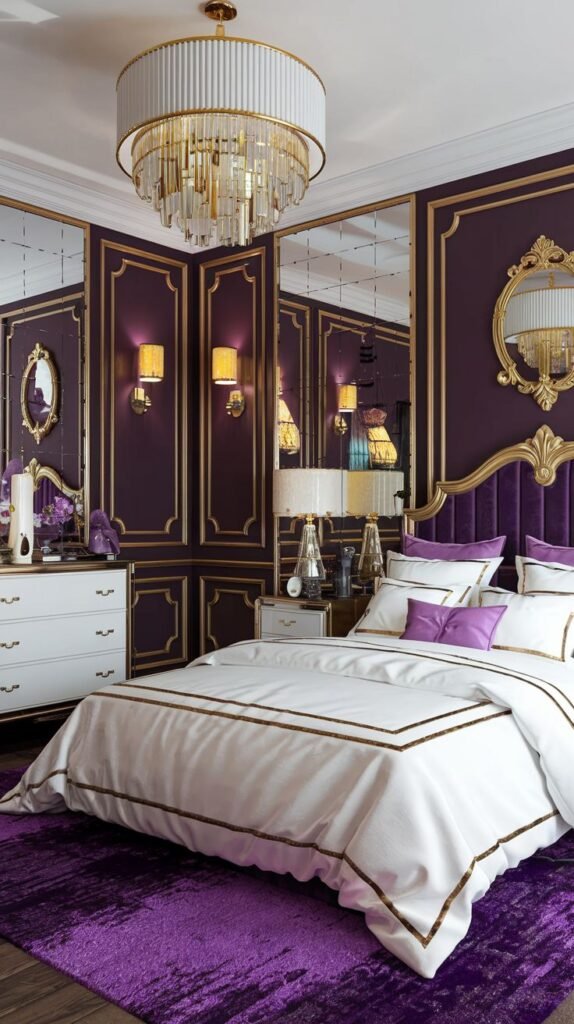 A vibrant and glam bedroom showcasing rich purple walls with gold trim and mirrored panels. A crystal chandelier with white accents illuminates the space. The purple upholstered bed with gold trim and a matching purple rug enhance the cozy, opulent theme.