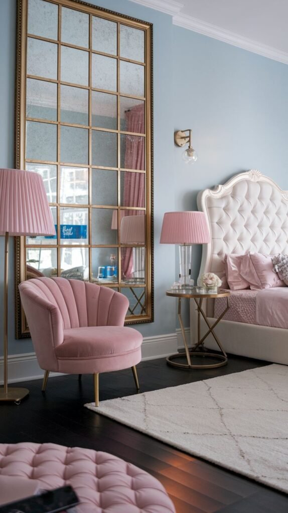 A soft and glam bedroom combining light blue walls with pink accents. A white tufted headboard adds texture, while a large gold-framed grid mirror reflects light. A pink velvet armchair and coordinated lamps create a cozy and inviting space.