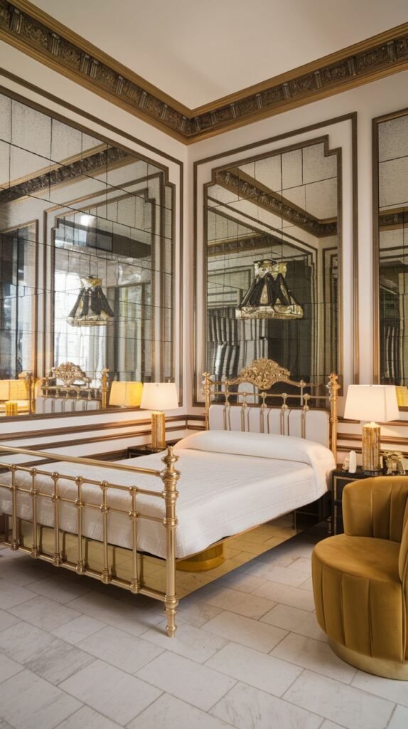 A classic and glam bedroom with expansive mirrored walls framed in gold. A traditional gold metal bed with white bedding is positioned on a light-colored tiled floor. A single mustard yellow armchair provides a pop of color, adding to the cozy and elegant feel.