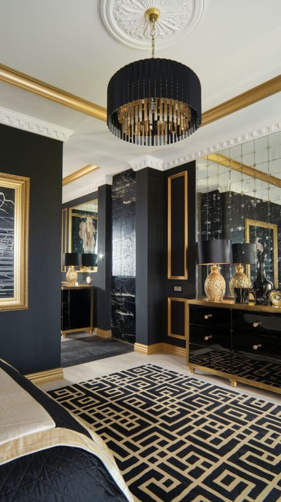 A bold and glam bedroom in black and gold, featuring a striking geometric patterned rug. Black furniture with gold accents, mirrored panels, and marble wall elements create a sophisticated and cozy atmosphere. A black and gold chandelier hangs from the ceiling.