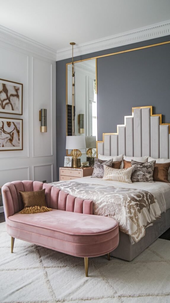 A chic and glam bedroom in a palette of pink, gray, and gold. A contemporary gray headboard with a unique stepped design is accented with gold. A curved pink velvet bench and abstract artwork add to the cozy and modern aesthetic.