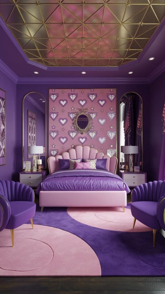 A playful and glam bedroom with a distinctive purple and pink color scheme. A geometric gold ceiling and heart-patterned wallpaper add unique elements. Two purple shell-back chairs and a pink bed with purple bedding contribute to the vibrant and cozy design.